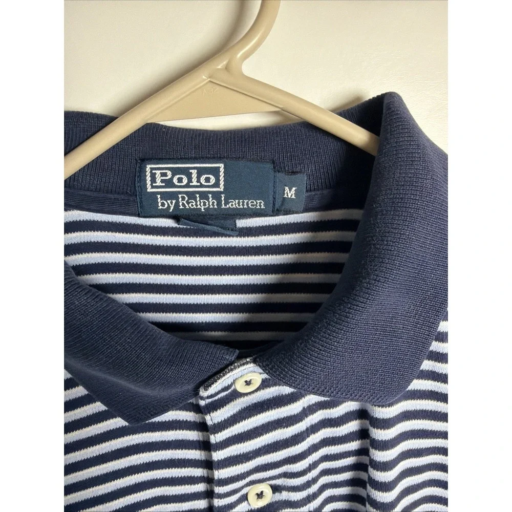 Polo Ralph Lauren Polo Mens Medium Collar Pony SS Blue Stripe Cotton 1/4 Button